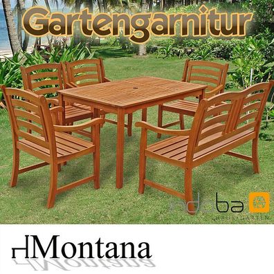 Gartenmöbel Set 6-tlg Holz, Tisch + 4 Stühle + Bank, Serie Montana - indoba®