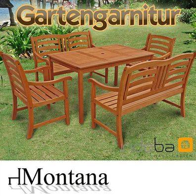 Gartenmöbel Set 5-tlg Holz, Tisch + 2 Stühle + 2 Bänke, Serie Montana - indoba®