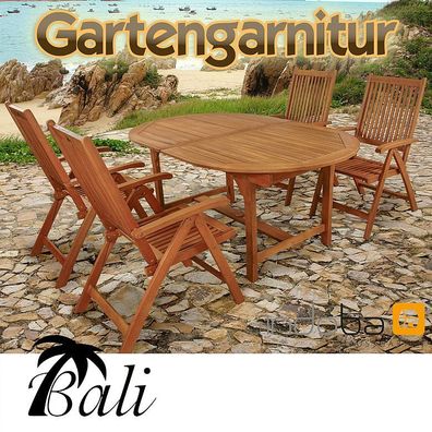 Gartenmöbel Garnitur 5-tlg aus Holz, Tisch ausziehbar, Serie Bali von indoba®