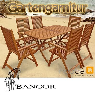 Gartenmöbel Set, Garnitur 7-tlg Holz, 6 Stühle + Tisch, Serie Bangor von indoba®