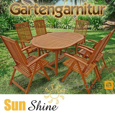 Gartenmöbel Garnitur 7-tlg Holz, Tisch + 6 Hochlehner, Serie Sun Shine - indoba®