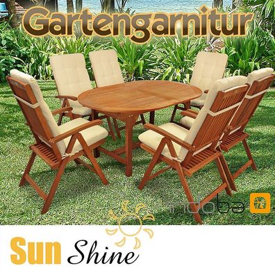Gartenmöbel Set 13-tlg Sun Shine Holz + Polsterauflagen Relax Natur - indoba®