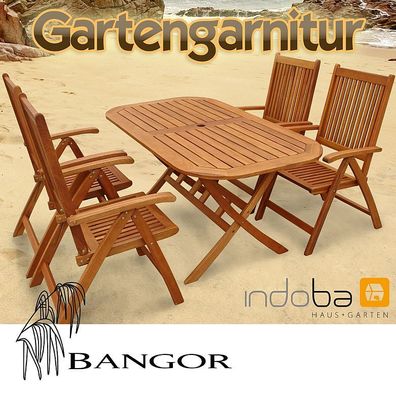 Gartenmöbel Set 5-tlg, Garnitur aus Holz, 4 Hochlehner, Serie Bangor von indoba®
