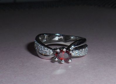 Ring 925er Silber rhodiniert mit roten und klaren Zirkonia 18,2 mm Ø #1072