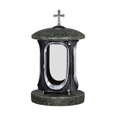 Grablampe aus Granit Grableuchte Grablicht - Verde bahia + 4 Stück Ersatzgläser