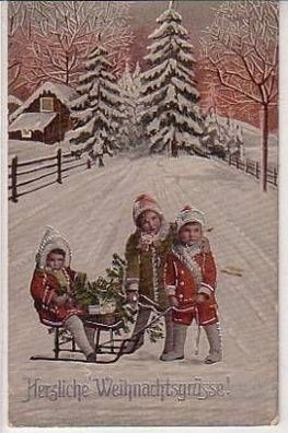 42278 Weihnachts Ak 3 Kinder mit Schlitten um 1910