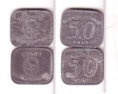 2 x 50 Pfennig Zink Münzen Notgeld Ludwigsburg 1917