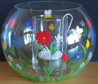 Teelichthalter oder Vase in Ballonform bemalt mit Blumenwiese