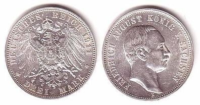 3 Mark Silber Münze Sachsen Friedrich August 1911