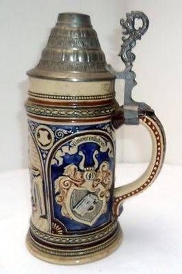 alter Keramik Krug Humpen mit Zinndeckel um 1910