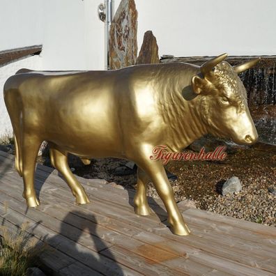Stier Figur lebensecht groß Aufstellfigur Spanischer gold Statue Skulptur