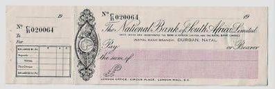 Blanco Scheck National Bank of South Africa um 1920