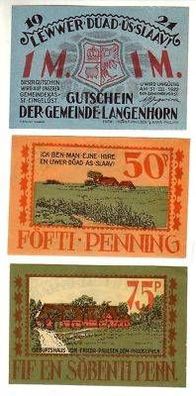 3 Banknoten Notgeld Gemeinde Langenhorn 1922