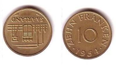 10 Franken Messing Münze Saarland 1954 vz