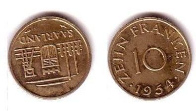 10 Franken Messing Münze Saarland 1954 ss