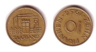10 Franken Messing Münze Saarland 1954 ss+