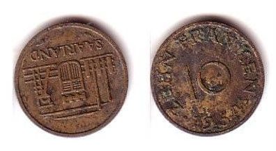 10 Franken Messing Münze Saarland 1954 f. ss
