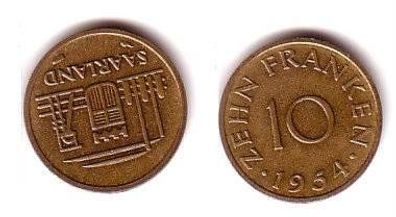 10 Franken Messing Münze Saarland 1954 vz+
