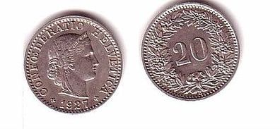 20 Rappen Nickel Münze Schweiz 1927 f. vz