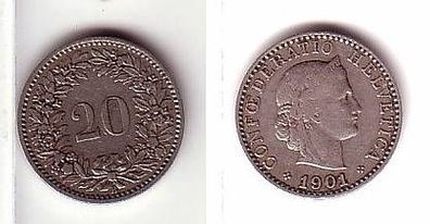 20 Rappen Nickel Münze Schweiz 1901 ss