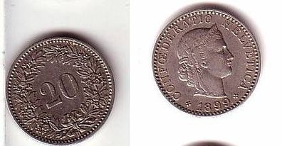 20 Rappen Nickel Münze Schweiz 1899 ss+