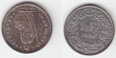 1 Franken Silber Münze Schweiz 1920 vz