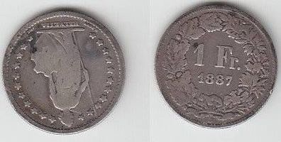 1 Franken Silber Münze Schweiz 1887 s/ ss
