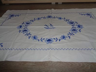 Tischdecke 120 x 72cm Handarbeit blau bestickt Baumwolle