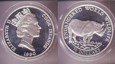 50 Dollar Silber Münze Cook Inseln Nashorn 1990