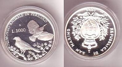 1000 Lire Silber Münze San Marino 1993 Vögel