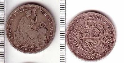 5 de Sol Silber Münze Peru 1900