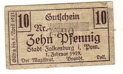 10 Pf. Banknote Notgeld Stadt Falkenburg i. Pommern 1919