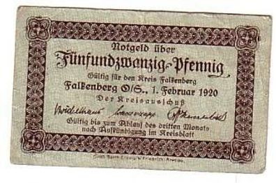 25 Pfennig Banknote Notgeld Kreis Falkenberg O.S. 1920