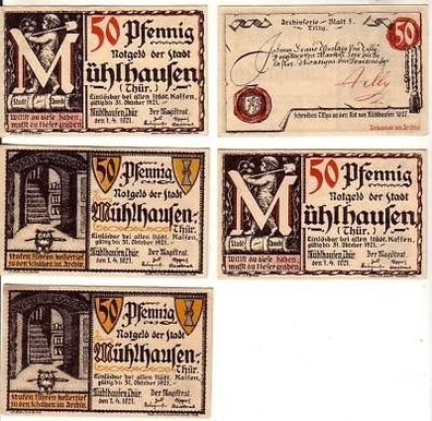 5 Banknoten Notgeld Stadt Mühlhausen 1921