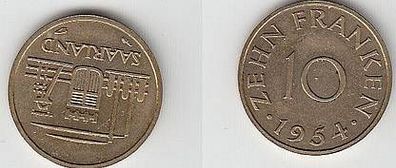 10 Franken Saarland Messing Münze 1954 vz
