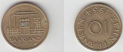 10 Franken Saarland Messing Münze 1954 f. vz