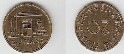 20 Franken Messing Münze Saarland 1954 vz