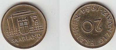 20 Franken Messing Münze Saarland 1954 ss+