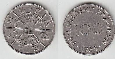 100 Franken Saarland Messing Münze 1955 ss +