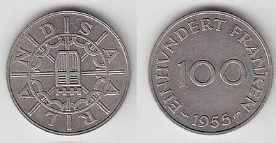 100 Franken Saarland Messing Münze 1955 f. vz