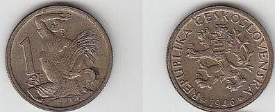 1 Krone Nickel Münze Tschechoslowakei 1946 ss+
