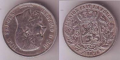 5 Franc Silber Münze Belgien 1876