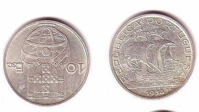 10 Escudos Silber Münze Portugal 1954 Segelschiff