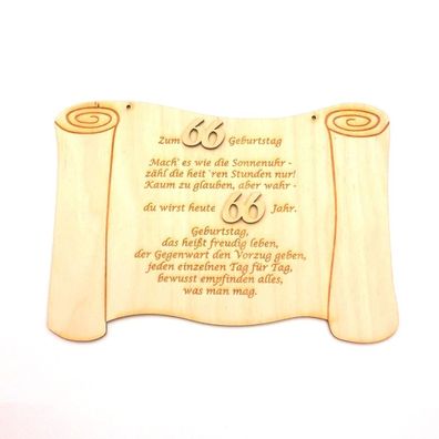 Geburtstagsgeschenk Glückwünsche auf einer Holztafel graviert zum 66. Geburtstag SU