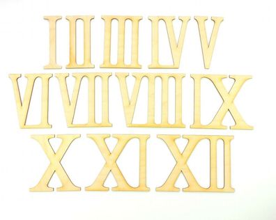 Römische Zahlen 1 bis 12 aus Holz für eine Wanduhr in 12cm höhe zum Basteln