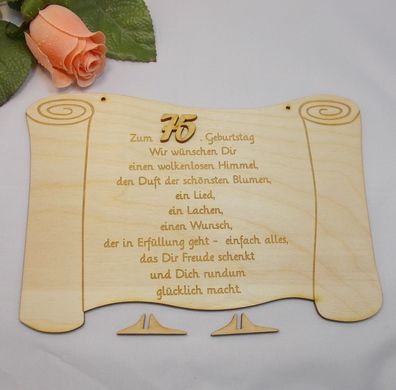 Geburtstagsglückwünsche graviert auf einem Holzschild, Geschenk Geb Zahl 75
