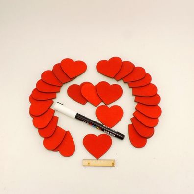 25 Stück rote Herzen 5cm aus Holz mit weissem Stift Hochzeitsdeko Streudeko