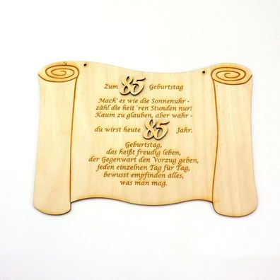 Geburtstagsgeschenk Glückwünsche auf einer Holztafel graviert zum 85. Geburtstag