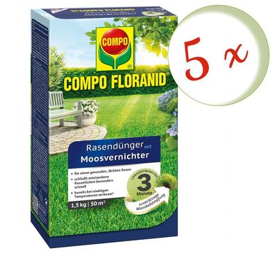 5 x COMPO Floranid® Rasendünger mit Moosvernichter, 1,5 kg