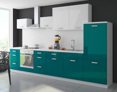 Küche Color 340 cm Küchenzeile Küchenblock Einbauküche in Hochglanz Petrol/ Weiss